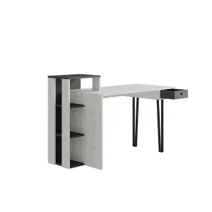 Decortie Modern Loyd Study Desk Large Workspace Built-in Bookshelves Drawer Ancient White Anthracite Grey Width 141cm