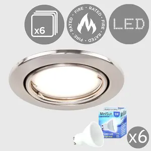 ValueLights Downlight Tiltable Fire Rated Brushed Chrome Ceiling Light Fitting 6 Pack With Cool White Bulbs