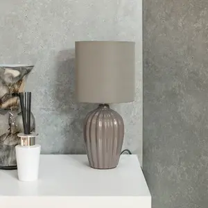 ValueLights Atlas Grey Fluted Ceramic Bedside Table Lamp with a Fabric Lampshade Bedroom Light - Bulb Included