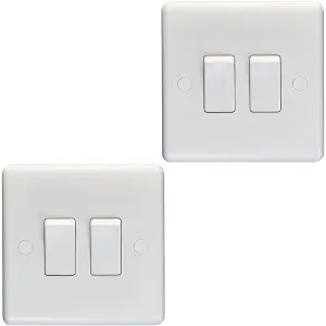 2 PACK 2 Gang Double 10A Light Switch 2 Way - WHITE PLASTIC Wall Plate Rocker