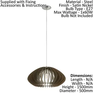 Pendant Ceiling Light Colour Satin Nickel Shade Dark Brown Wood Bulb E27 1x60W