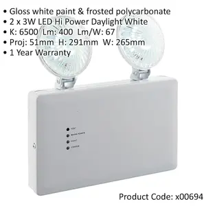 Emergency Twin Wall Spot Light - 2 x 3W Hi Power Daylight White LEDs - White