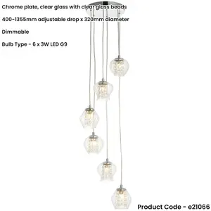 Hanging Ceiling Pendant Light - Chrome Plate Clear Glass With Clear Glass Beads - 6 X 3W LED G9