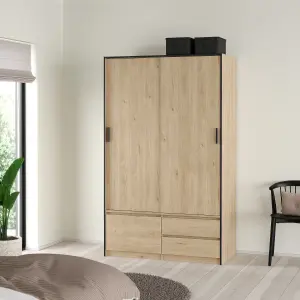 Line Wardrobe with 2 Sliding Doors 1 Small Door and 2 drawers in Jackson Hickory Oak