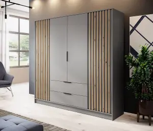 Nelly Contemporary Hinged 4 Door Wardrobe Grey 2 Drawers 8 Shelves 1 Hanging Rail Lamela Decor (H)2000mm (W)2060mm (D)510mm