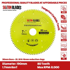 Saxton TCT19080TPRO Saxton Professional Range TCT Circular Saw Blade 190mm x 80T x 30mm Bore, 16, 20, 25mm Reduction Rings