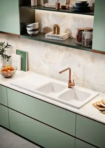 Luna Ceramic Kitchen Sink White 2 Bowl & Drainer With Brass Waste - Reversible - SO2BWT + WKIT2