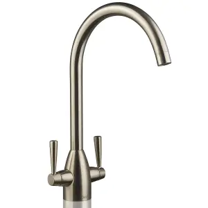 Deva Carlow Dual Lever Kitchen Sink Mixer Tap In Brushed Chrome - Sleek & Durable Swan Neck Design - With Swivel Spout