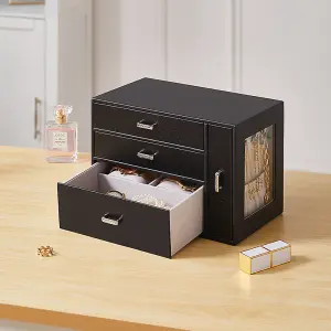 Sleek Black Faux Leather Jewellery Box with Transparent Display Window and Necklace Drawer