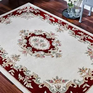 Handmade Bordered Floral Easy to Clean Cream Red Traditional Wool Rug for Living Room & Bedroom-80cm X 150cm