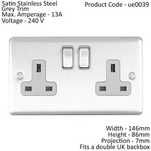 2 Gang Double UK Plug Socket SATIN STEEL 13A Switched Grey Trim Power Outlet