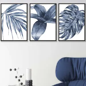 Set of 3 Tropical Plants Navy Blue Abstract Wall Art Prints / 42x59cm (A2) / Black Frame