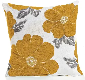 Poppy 55cm x 55cm Luxury Floral Chenille Cushion Ochre/Grey