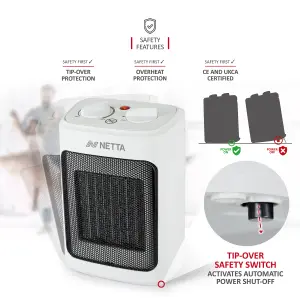 NETTA 2000W Ceramic Fan Heater 3 Heat Settings Overheat Protection - White