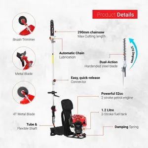 BU-KO 52cc Backpack Long Reach Petrol Strimmers, Brush Cutter, Hedge Trimmer, Pruner, Grass Trimmers, 3x 75cm Extension Pole