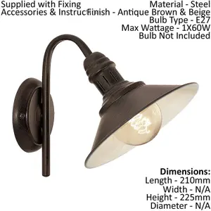 LED Wall Light / Sconce Antique Brown & Beige Steel Shade 1 x 60W E27 Bulb