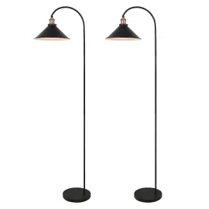 First Choice Lighting Set Of 2 Matt Black With Brushed Copper Floor Lights