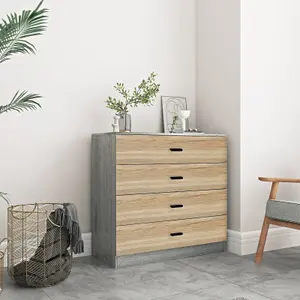 URBNLIVING Height 73cm 4 Drawer Wooden Bedroom Chest Cabinet Modern Ash Grey Carcass and Oak Drawers Wide Storage Cupboard Closet