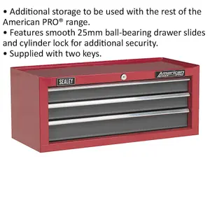 Lockable Red 3 Drawer Tool Chest Storage Unit - 605x260x250mm