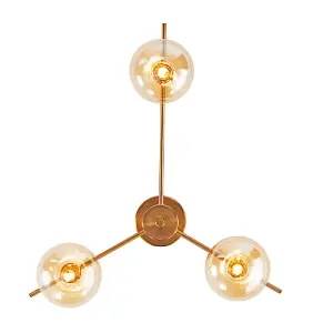 Modern Triple Branch Satin Brass Ceiling Light Fitting with Amber Glass Shades