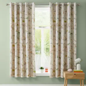 Catherine Lansfield Sleepy Dino Fully Reversible 66x72 Inch Eyelet Curtains Two Panel Green