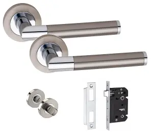 Golden Grace Mitred Design Door Handle Dual Finish Satin Nickel/Polished Chrome, 64mm Bathroom Mortise Lock on Round Rose