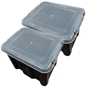 2 x Large Black Plastic 24 Litre Storage Box With See Through Lids For Bedroom, Garage & Office