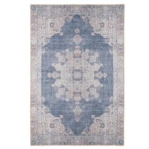 Denim Blue Vintage Medallion Anti Slip Washable Rug 240x330cm