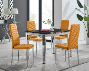 Enna Black Glass Extending Dining Table and 4 Mustard Milan Chairs