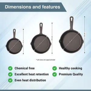 Buckingham Pre-Seasoned Cast Iron Set of  3 Frying Skillet Pan 16 , 20 and  25 cm