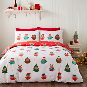 Catherine Lansfield Christmas Party Robins Reversible King Duvet Cover Set with Pillowcases Grey