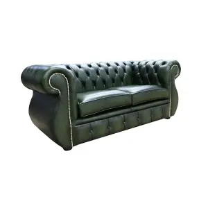 Chesterfield Original 2 Seater Sofa Antique Green Real Leather In Kimberley Style