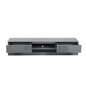 Step TV Stand With Storage for Living Room and Bedroom, 1800 Wide, LED Lighting, Media Storage, Grey High Gloss Finish