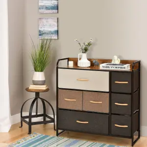 Costway 7-Drawer Dresser Tower 3-Tier Chest of Drawers Clothes Drawer Cabinet w/ Foldable Fabric Drawers & Wooden Top