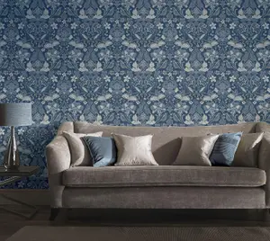 Arthouse Traditional Folk Floral Trail Denim Blue Birds Flowers Leaves Wallpaper