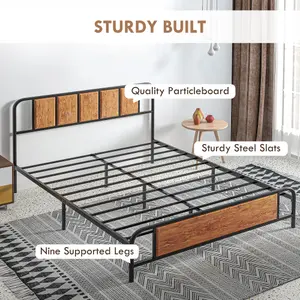 HOMCOM King Size Bed Frame Steel Bed Base with Headboard 160 x 207cm Brown