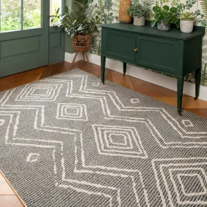 Grey Cream Moroccan Berber Diamond Geometric Living Area Rug 60x110cm