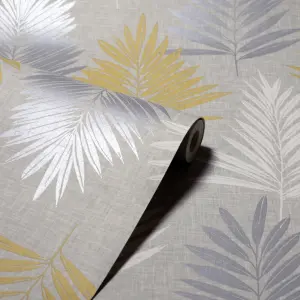 Arthouse Linen Palm Ochre/Grey Wallpaper