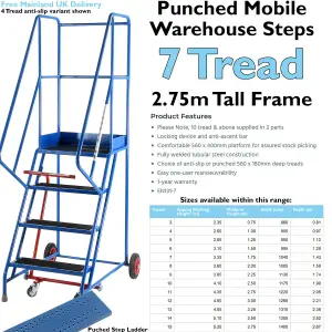 7 Tread Mobile Warehouse Stairs Punched Steps 2.75m EN131 7 BLUE Safety Ladder