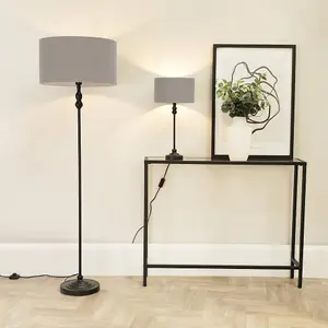 ValueLights Maggie Black Metal Candlestick Floor Lamp with Grey Fabric Lamp Shade and LED Bulb