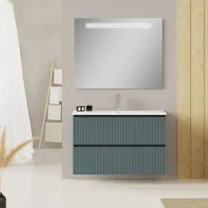 Banyetti Linea Ocean Blue Ribbed Double Drawer Wall Hung Vanity Unit 1000mm x 390mm