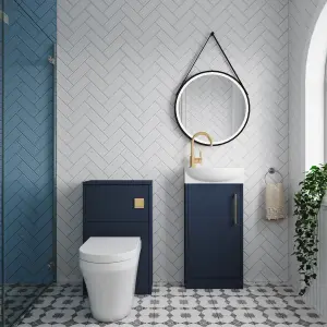 Cloakroom Suite - Right Hand 440mm Vanity, WC Unit, Toilet and Tap - Blue/Brass