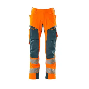 Mascot Accelerate Safe Trousers with Kneepad Pockets - Hi-Vis Orange/Dark Petroleum   (40.5) (Leg Length - Long)