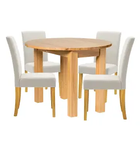 Hallowood Furniture Waverly Drop Leaf Round Table with 4 Upholstered Chairs in Beige Fabric