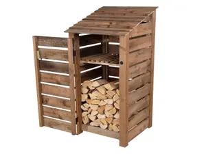 Slatted wooden log store with door and kindling shelf W-99cm, H-180cm, D-88cm - brown finish