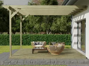 Wall mounted pergola and decking complete diy kit, Chamfered design (3m x 3m, Light green (natural) finish)