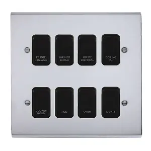 Polished Chrome Customised Kitchen Grid Switch Panel with Black Switches - 8 Gang