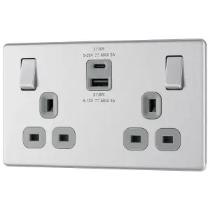 GoodHome Brushed Steel Double 13A Flat Switched Screwless Socket with USB, x2 & Grey inserts