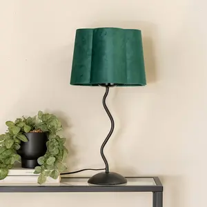 ValueLights Wiggle Black Metal Single Stem Table Lamp with Forest Green Velvet Scallop Lamp Shade and LED Bulb