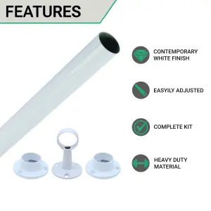 EAI - Wardrobe Rail Kit - 25mm Tube - 2500mm Rail with 2x End Sockets & 1x Centre Brackets - White